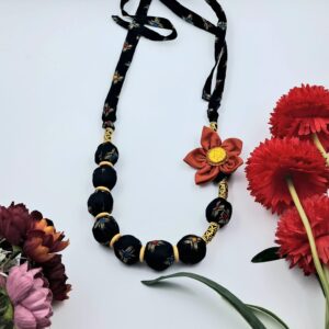 Handcrafted Fabric Bead Necklace with Orange Flower Accent – NEFA0004