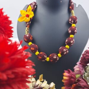 Handcrafted Maroon Fabric Bead Necklace with Yellow Flower – NEFA0005