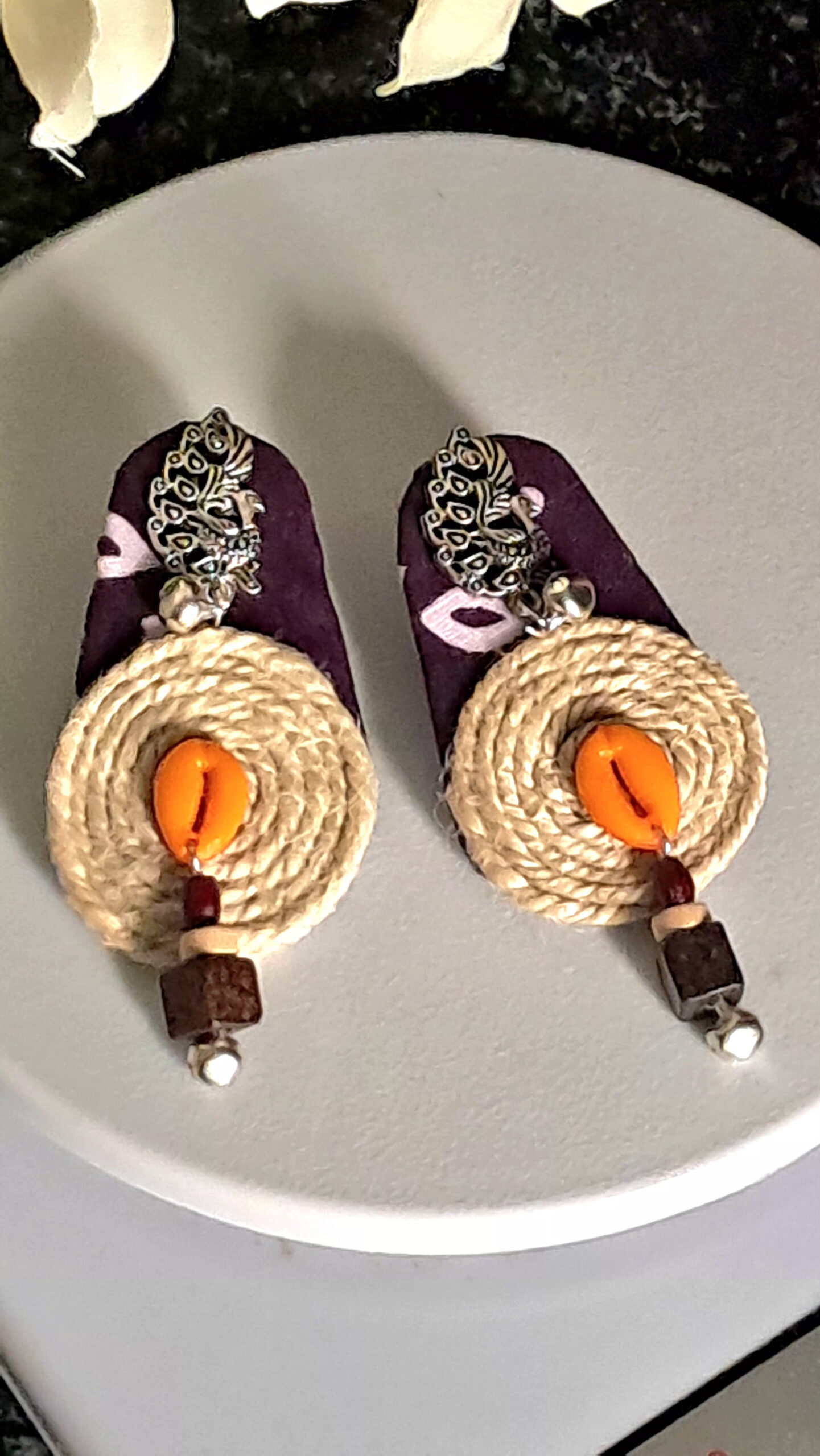 Handcrafted Fabric & Jute Cowrie Shell Earrings – Boho Fusion Collection EAFA0043 - Image 3