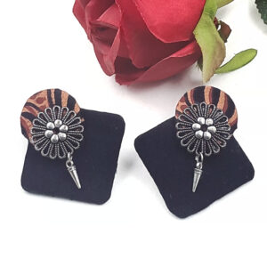 Handcrafted Black Fabric Stud Earrings with Oxidized Silver Floral Motif – EAFA0044