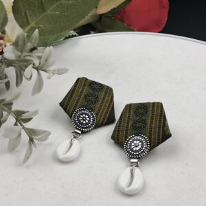 Handcrafted Sambalpuri Fabric Earrings with Oxidized Stud & Shell Drop – EAFA0046