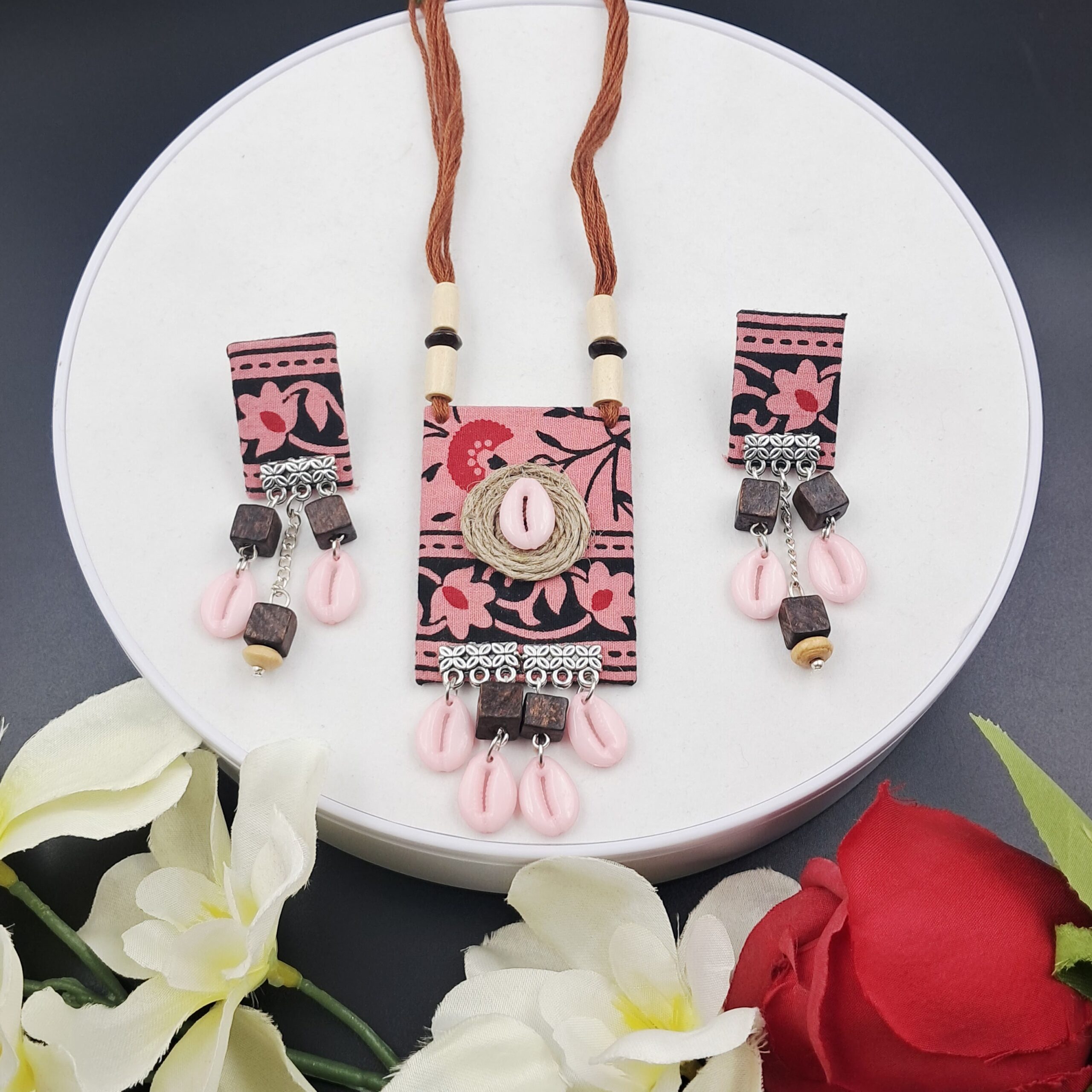 Handcrafted Fabric Pendant Necklace & Earring Set – Artisanal Boho Collection -JSFA0026 - Image 3