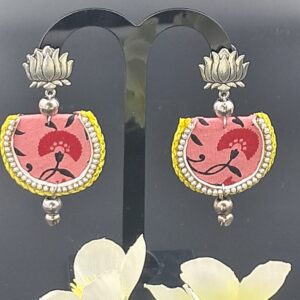 Handcrafted Pink Fabric Dangler Earrings with Silver Lotus Motif – EAFA0048