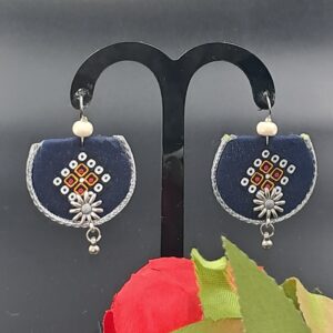 Handcrafted Navy Blue Fabric Dangler Earrings with Silver Floral Motif – EAFA0049