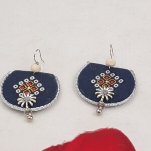 Handcrafted Navy Blue Fabric Dangler Earrings with Silver Floral Motif – EAFA0049