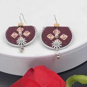 Handcrafted Maroon Fabric Dangler Earrings with Silver Floral Charm – EAFA0050