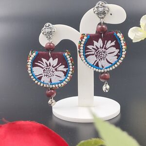 Handcrafted Maroon Fabric Dangler Earrings with Silver Floral Stud – EAFA0051