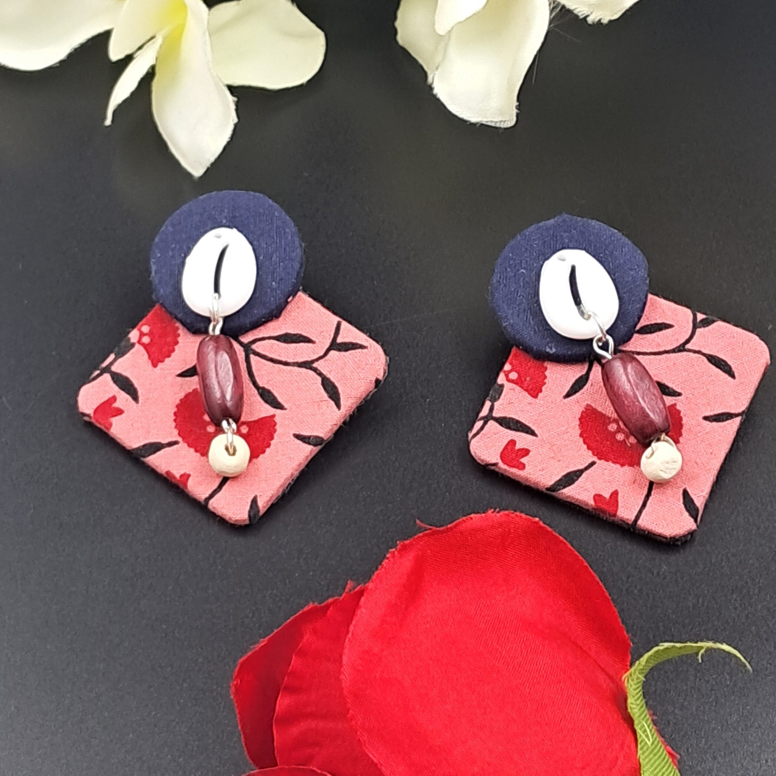 Handcrafted Pink Floral Fabric Stud Earrings with Bead Drop - EAFA0053