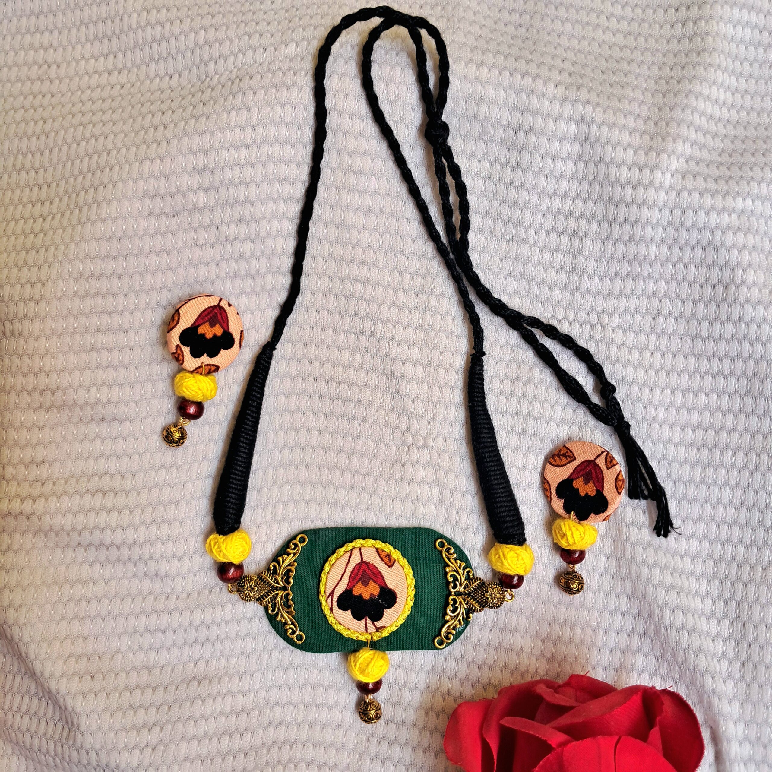 Handcrafted Green Fabric Pendant Necklace Set with Black Dori & Matching Earrings - JSFA0029