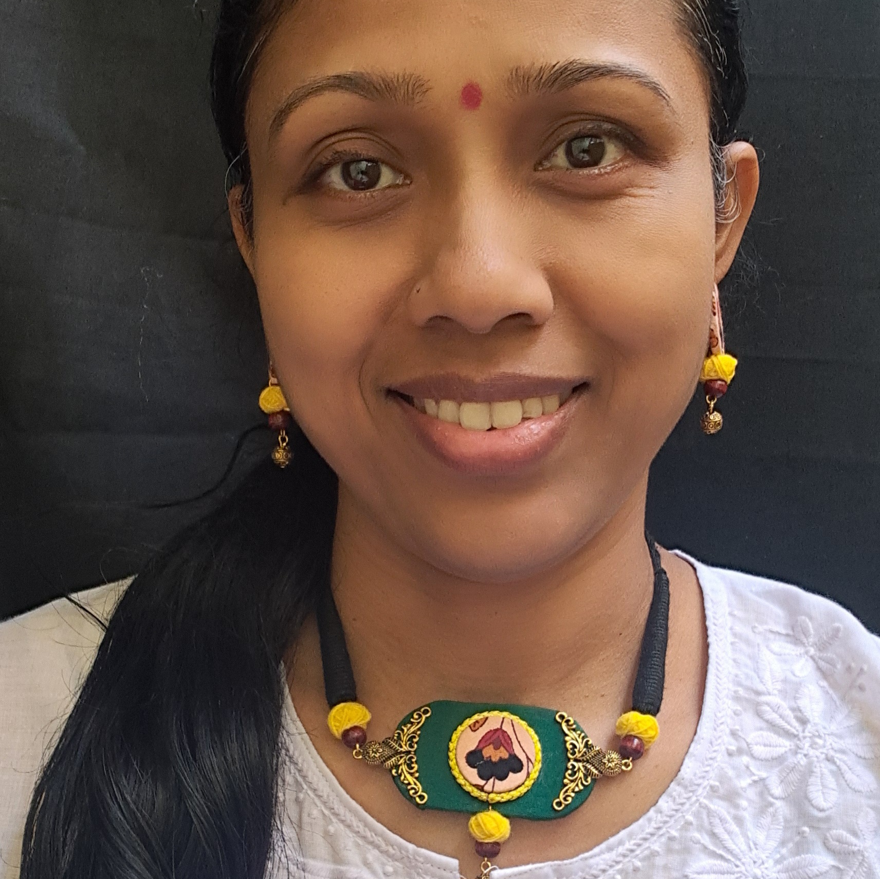 Handcrafted Green Fabric Pendant Necklace Set with Black Dori & Matching Earrings - JSFA0029 - Image 2