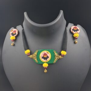 Handcrafted Green Fabric Pendant Necklace Set with Black Dori & Matching Earrings – JSFA0029