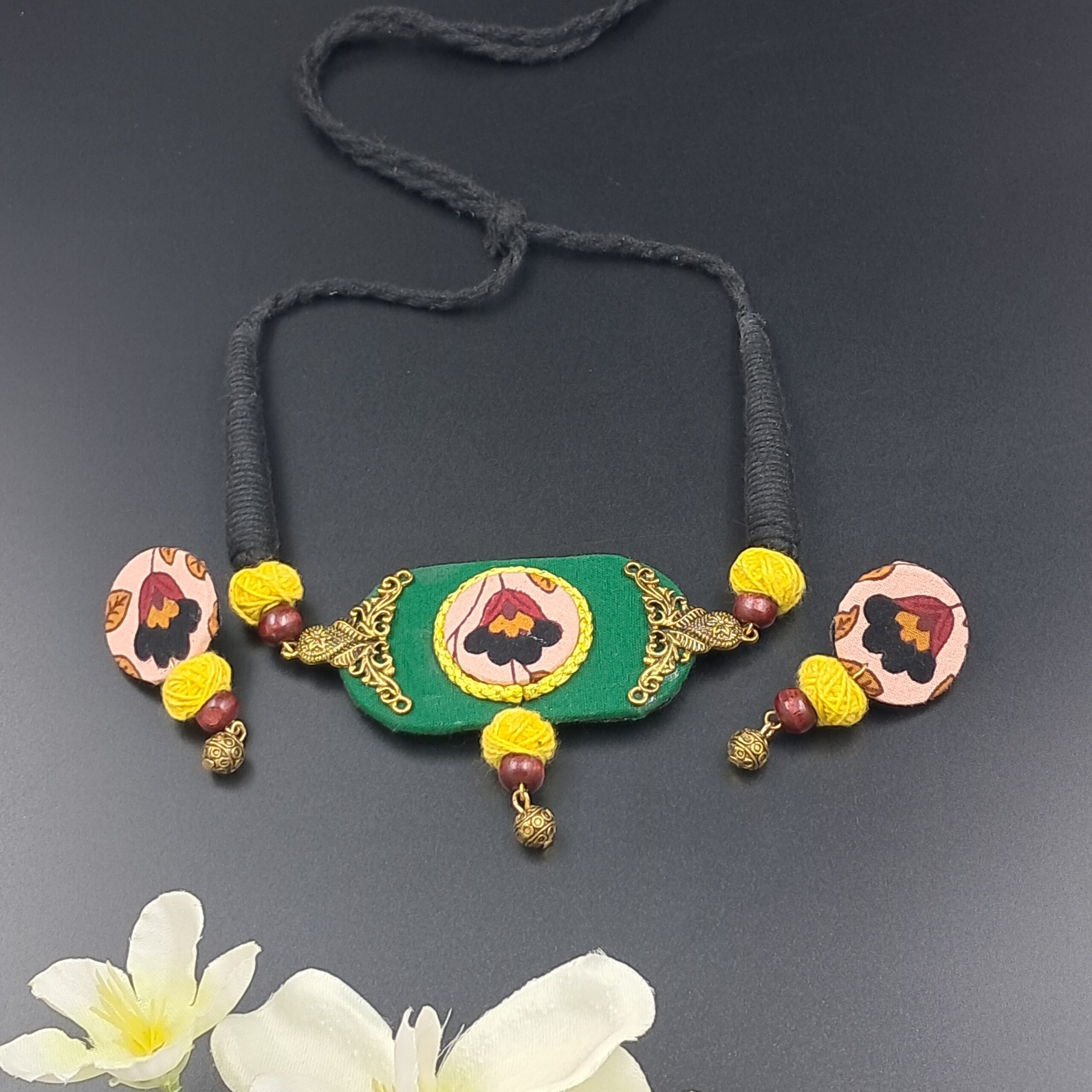 Handcrafted Green Fabric Pendant Necklace Set with Black Dori & Matching Earrings - JSFA0029 - Image 3