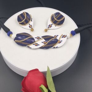 Handcrafted Navy Blue  & White Smbalpuri Fabric Statement Necklace Set with Matching Earrings – JSFA0032