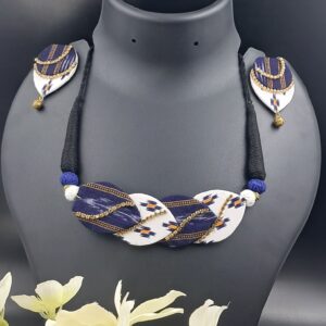 Handcrafted Navy Blue  & White Smbalpuri Fabric Statement Necklace Set with Matching Earrings – JSFA0032