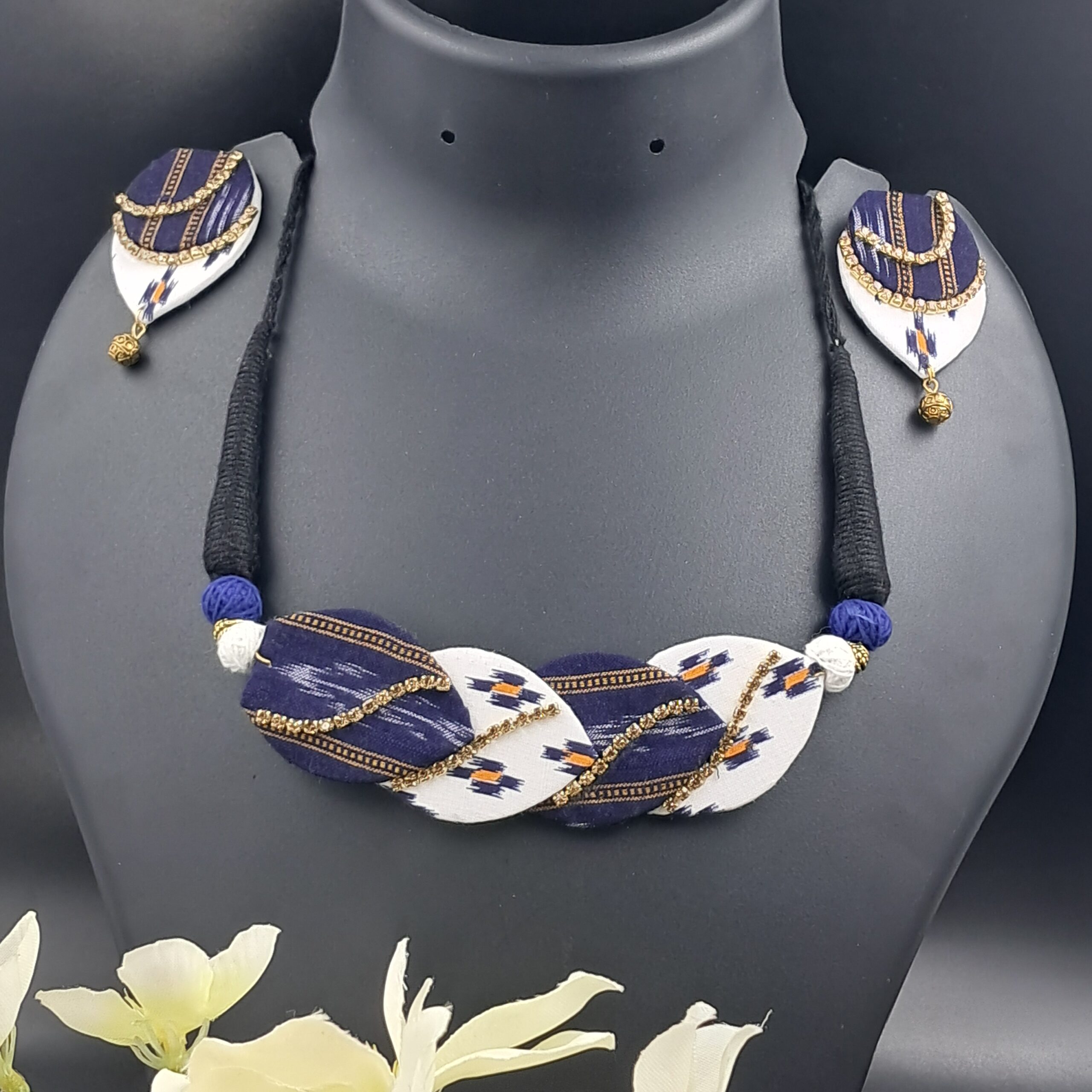 Handcrafted Navy Blue & White Smbalpuri Fabric Statement Necklace Set with Matching Earrings - JSFA0032 - Image 2