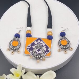 Handcrafted Fabric Pendant Necklace Set with Matching Earrings – Ethnic Boho Collection – JSFA0033
