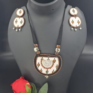 Handcrafted White Fabric Pendant Necklace Set with Matching Earrings – JSFA0034