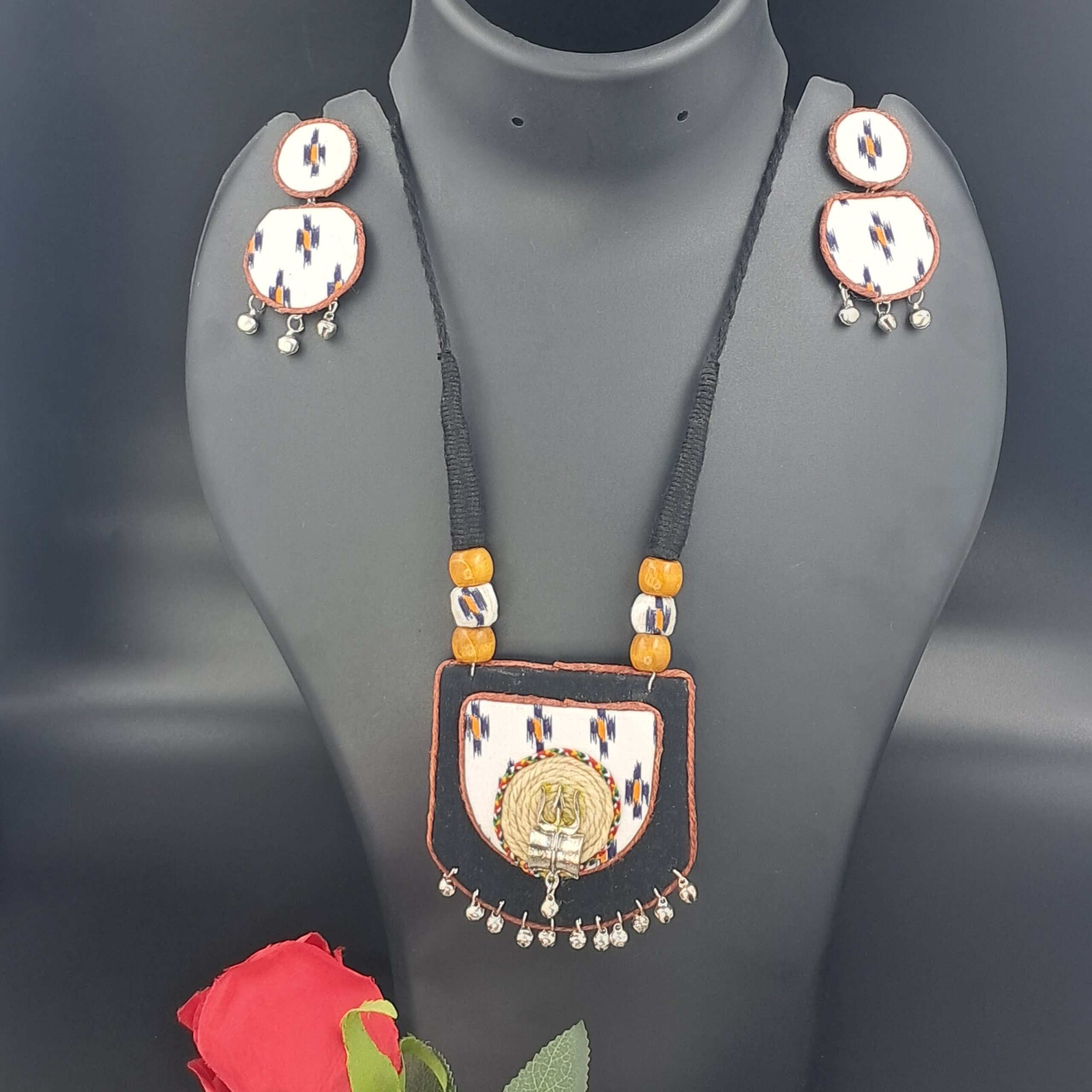 Handcrafted Black & White Fabric Pendant Necklace Set with Ghungroo Detailing - JSFA0035