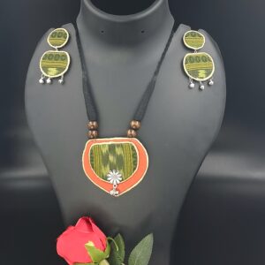 Handcrafted Green Fabric Pendant Necklace Set with Matching Earrings – JSFA0036