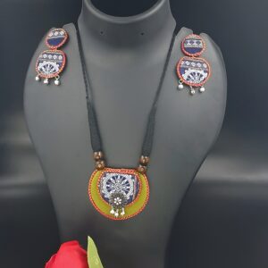 Handcrafted Blue Sambalpuri Fabric Pendant Necklace Set with Matching Earrings – JSFA0037