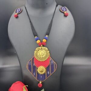 Handcrafted Tribal Fabric Statement Necklace Set with Goddess Durga–Inspired Pendant- JSFA0038