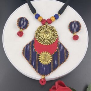 Handcrafted Tribal Fabric Statement Necklace Set with Goddess Durga–Inspired Pendant- JSFA0038