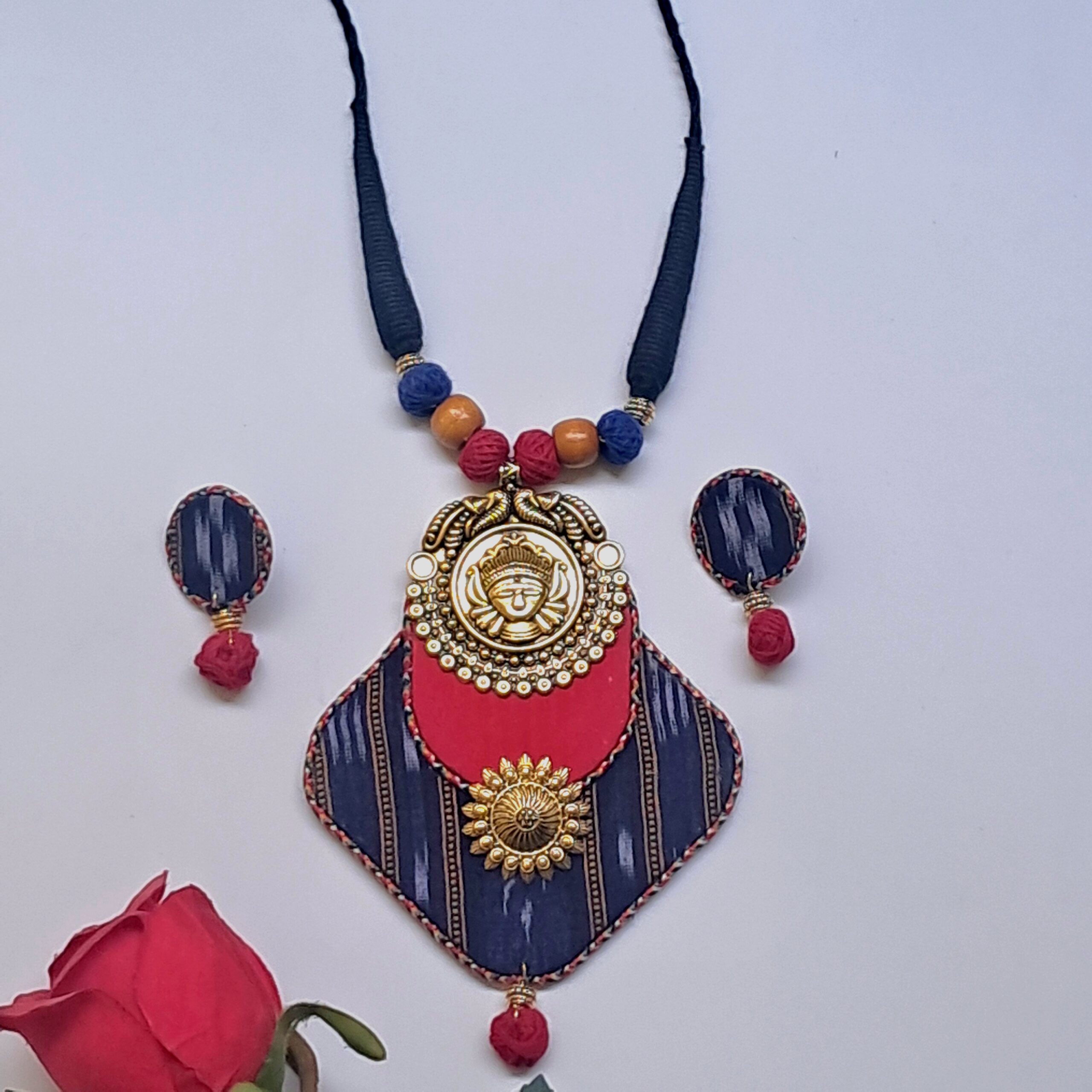 Handcrafted Tribal Fabric Statement Necklace Set with Goddess Durga–Inspired Pendant- JSFA0038 - Image 3