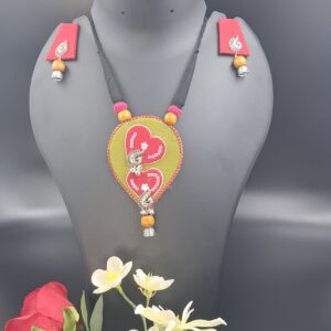 Handcrafted Double Heart Fabric Pendant Necklace Set with Earrings – JSFA0040