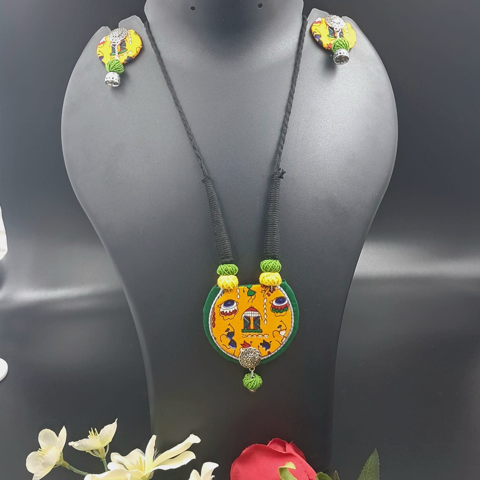 Handcrafted Fabric Pendant Necklace Set with Matching Earrings - JSFA0044 - Image 8