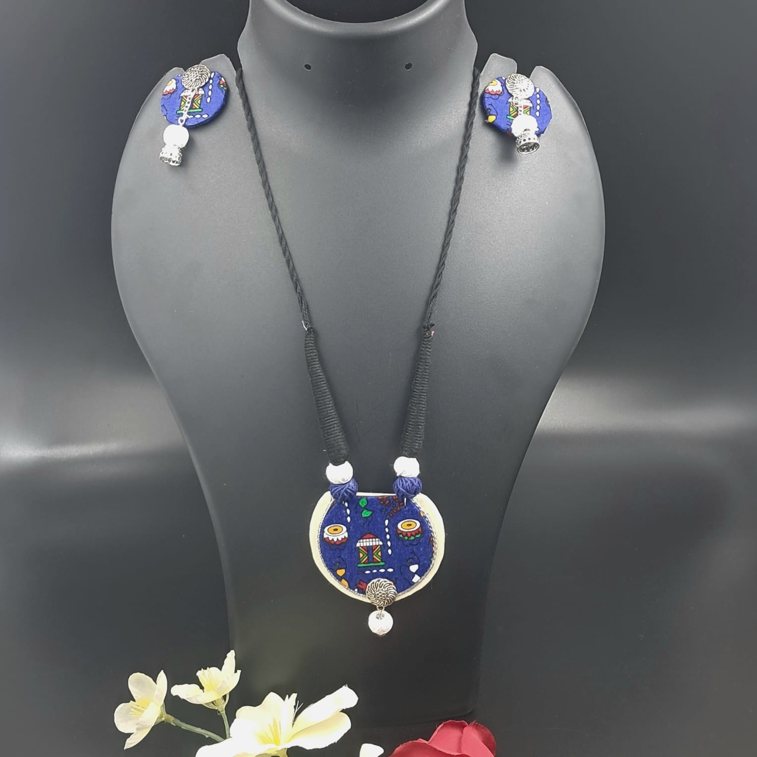 Handcrafted Fabric Pendant Necklace Set with Matching Earrings - JSFA0044 - Image 2