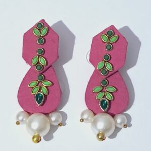 Handcrafted Pink Fabric Earrings with Green Stone Floral Design & Pearl Drops – EAFA0055