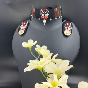 Handcrafted Embroidered Sambalpuri Fabric Choker Necklace Set with Earrings -JSFA0046