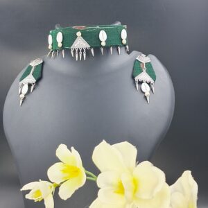 Handcrafted Sambalpuri Fabric Choker Necklace Set with Cowrie Shell and Tribal Charm – JSFA0048