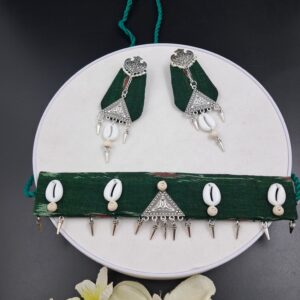 Handcrafted Sambalpuri Fabric Choker Necklace Set with Cowrie Shell and Tribal Charm – JSFA0048