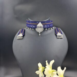 Handcrafted Indigo Sambalpuri Fabric Choker Necklace Set with Oxidized Silver Tribal Charm – JSFA0049