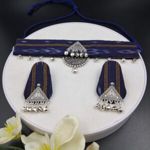 Handcrafted Indigo Sambalpuri Fabric Choker Necklace Set with Oxidized Silver Tribal Charm – JSFA0049