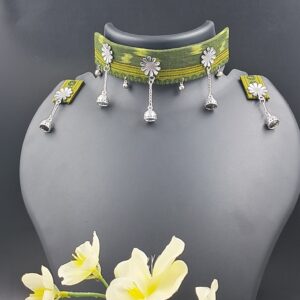 Handcrafted Green Sambalpuri Fabric Choker Necklace Set with Floral Oxidized Charms – JSFA0050
