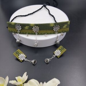 Handcrafted Green Sambalpuri Fabric Choker Necklace Set with Floral Oxidized Charms – JSFA0050