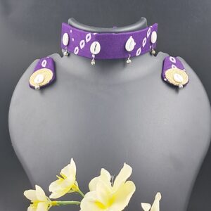 Handcrafted Purple Fabric Choker Necklace Set with Cowrie Shell Accents – JSFA0050