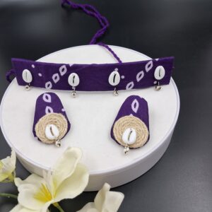 Handcrafted Purple Fabric Choker Necklace Set with Cowrie Shell Accents – JSFA0050