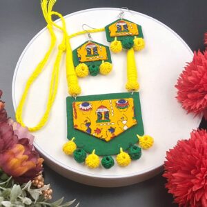 Handcrafted Yellow & Green Fabric Necklace Set with Traditional Folk Art Design – JSFA0053