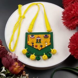 Handcrafted Yellow & Green Fabric Necklace Set with Traditional Folk Art Design – JSFA0053