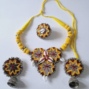 Handcrafted Yellow Thread Mirror Work Necklace Set with Cowrie Shell, Jhumka Earrings, and ring – JSMI0009