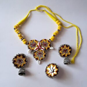 Handcrafted Yellow Thread Mirror Work Necklace Set with Cowrie Shell, Jhumka Earrings, and ring – JSMI0009