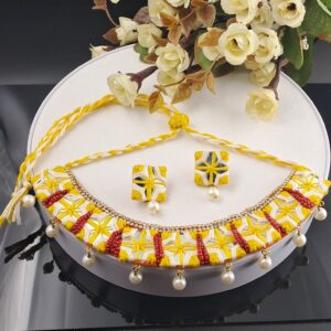 Handcrafted Yellow Thread Embroidered Choker Necklace with Pearl Drops – JSMI0010