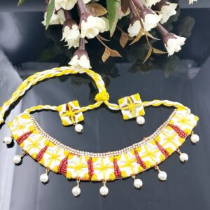 Handcrafted Yellow Thread Embroidered Choker Necklace with Pearl Drops – JSMI0010