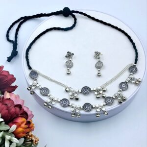 Oxidized Silver Floral Choker Necklace Set with Ghungroo Drops – JSOX0018