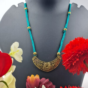 Handcrafted Turquoise Thread Necklace with Antique Gold Tribal Pendant – NEFA0008