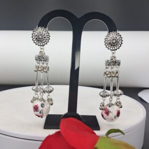 Handcrafted Oxidised Floral Chandbali Earrings with Fabric Bead Drops – EAFA0062
