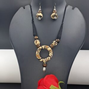 Handcrafted Fabric Pendant Necklace Set with Wooden Beads -JSFA0055